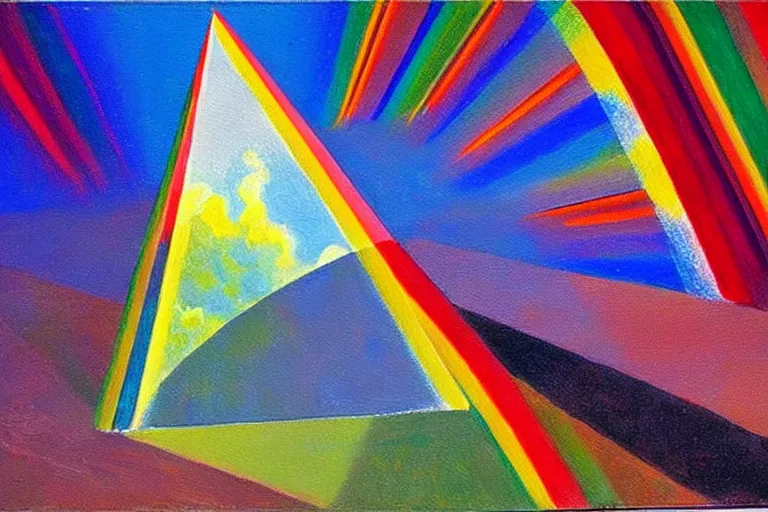 Image similar to a stunning wpa style painting of a prism in the sky reflectinglight, god rays, award winning art