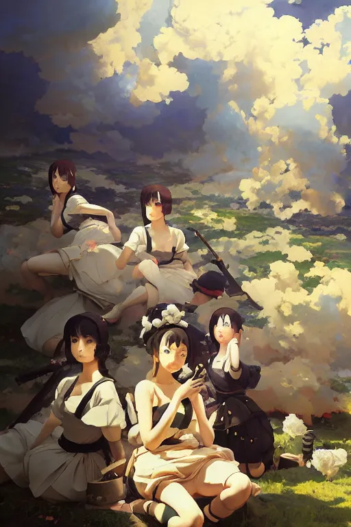 Image similar to baroque oil painting of key visual portrait concept art of anime maids entrenched in the great war, brutalist, dark fantasy, rule of thirds golden ratio, fake detail, trending pixiv fanbox, acrylic palette knife, style of makoto shinkai studio ghibli genshin impact jamie wyeth james gilleard greg rutkowski chiho aoshima