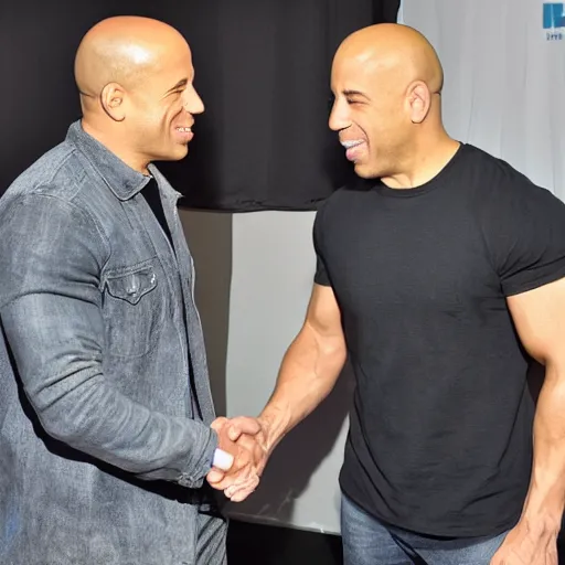 Prompt: a high quality photograph of vin diesel meeting Mark Sinclair