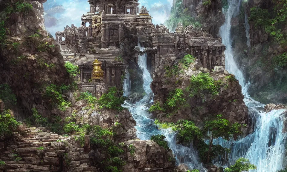 Prompt: ancient temple on top of a waterfall, digital art, concept art, fantasy art, highly detailed, hd wallpaper, hdr, artstation, deviantart, behance