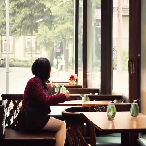 Prompt: lady sitting in a cafe in Shanghai