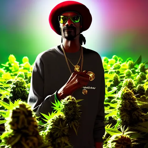 Prompt: snoop dogg as a beautiful giant marijuana bud, weta 8 k hyper realistic detailed cinematic still, volumetric lighting surreal photorealism