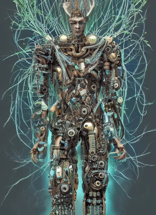 Image similar to hyper - detailed fine painting of a synthetic humanoid hybrid cyborg shaman half cybernetic and half made of plants and wood, concept art magical highlight