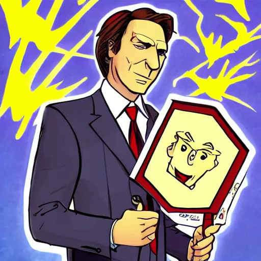 Image similar to saul goodman in the style of pheonix wright, cartoon