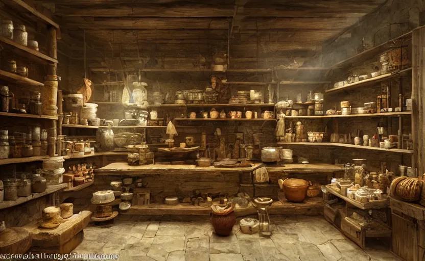 Image similar to an herbalist shop a wood counter and cabinets in the center, simple adobe wall,, simple wood shelves, lots of jars and boxes of herbs, torch lit warm dark fantasy matte painting in the style of ruan jia and craig mullins