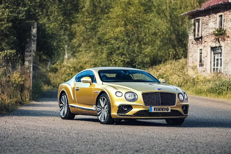 Image similar to Bentley Continental GT in shiny gold film drives along old Russian village road with houses houses around the edges