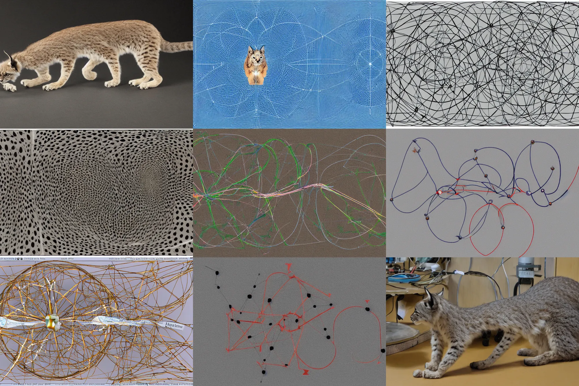 Prompt: a demonstration of the lynx that links the hopf fibrational planes into one cohesive topology, and the ferret that crosses the solitons ( topological defects ). penrose.