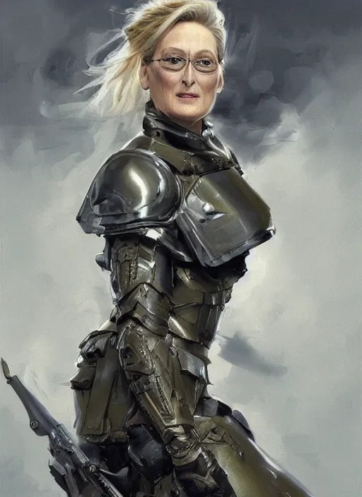 Image similar to a professional painting of a beautiful Meryl Streep, clothed in military armor, olive skin, long dark hair, beautiful bone structure, symmetrical facial features, intricate, elegant, digital painting, concept art, smooth, sharp focus, illustration, from Metal Gear, by Ruan Jia and Mandy Jurgens and Artgerm and William-Adolphe Bouguerea