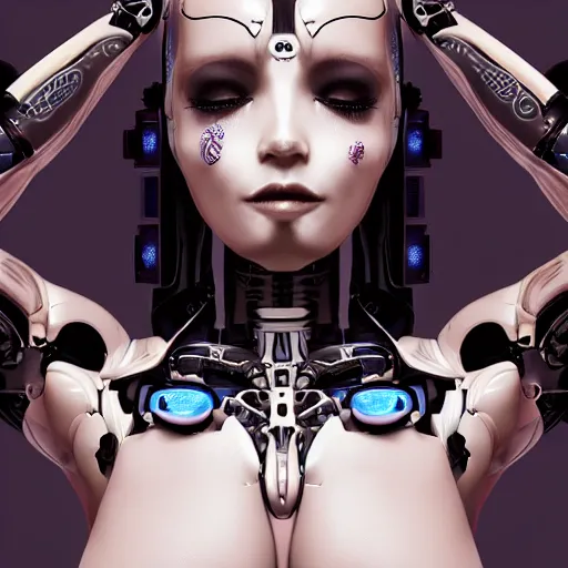 Prompt: The face of an extremely beautiful biomechanical female looking robot with Optical Sensors and large emoji tattoos, surrounded by a thin transparent force field,, extremely beautiful oppai cyberpunk, chimeric organism, pale skin, organic polycarbon, full frontal, portrait, highly detailed, symmetrical, mechanical, mendelbrot fractal, ray tracing, hyperdetailed, hyperrealistic, octane render, hdr, 8k