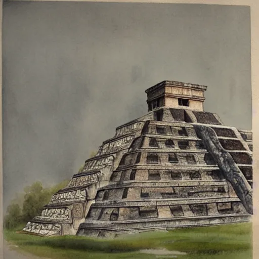 Image similar to detailed 1 9 th century architectural watercolor of ornate monumental mayan ruins