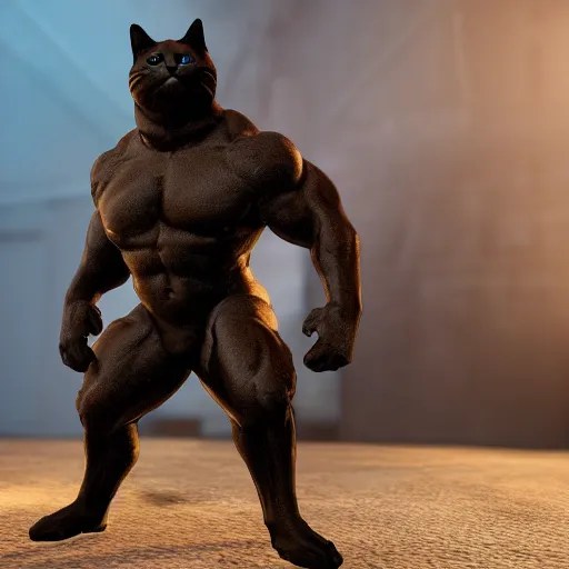 Prompt: a black strong muscular cat, unreal engine 5