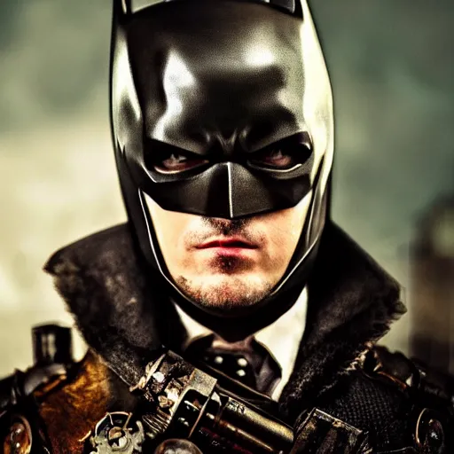 Image similar to epic portrait of a steampunk batman, movie still, cinematic, beautiful lighting, beautiful composition, illustration, digital matte painting, D&D, fantasy, intricate