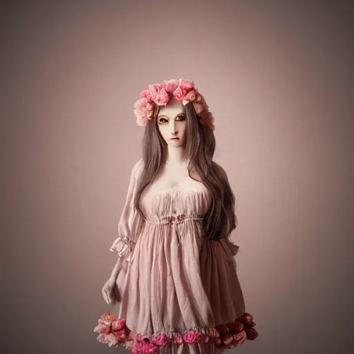 Image similar to 8 k, octane render, realism, tonalism, renaissance, rococo, baroque, cotton candy, portrait of a creepy young lady wearing long 1 9 7 0 s babydoll dress with flowers and skulls