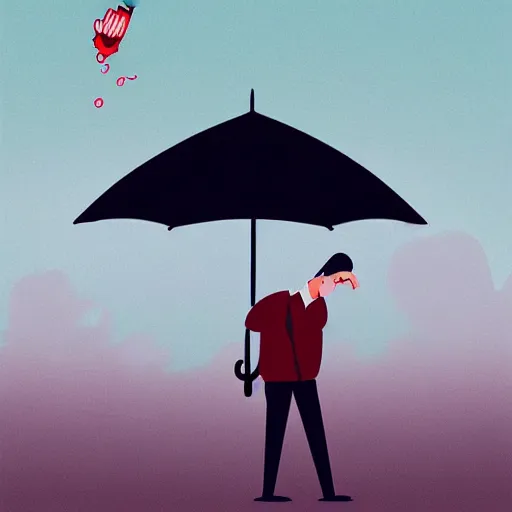 Image similar to a man with umbrella hiding from french fries falling from the sky, digital art, illustration, hyper realistic