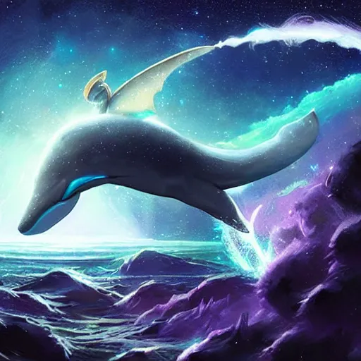 Image similar to space magical whale, galaxy whale, epic fantasy style art, galaxy theme, by Greg Rutkowski, hearthstone style art, 99% artistic