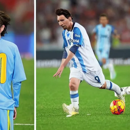 Prompt: blind messi as a blind man selling coupons