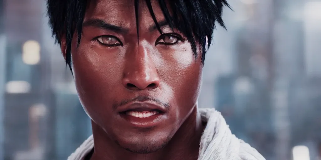 Image similar to a film still of a black man starring in a japanese blockbuster film as jin kazama from tekken, shallow depth of field, cinematic, award winning cgi, vfx, film still