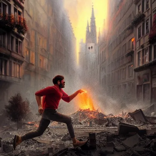 Image similar to a close view of a jewish rabi running away!!!, city of munich destroyed by a meteor!!!, rubble!!, fires!! hyperrealistic, highly detailed, cinematic, foggy light from fires, beautiful, cgssociety, artstation, 8 k, oil painting by greg rutkowski, by artgerm, by wlop