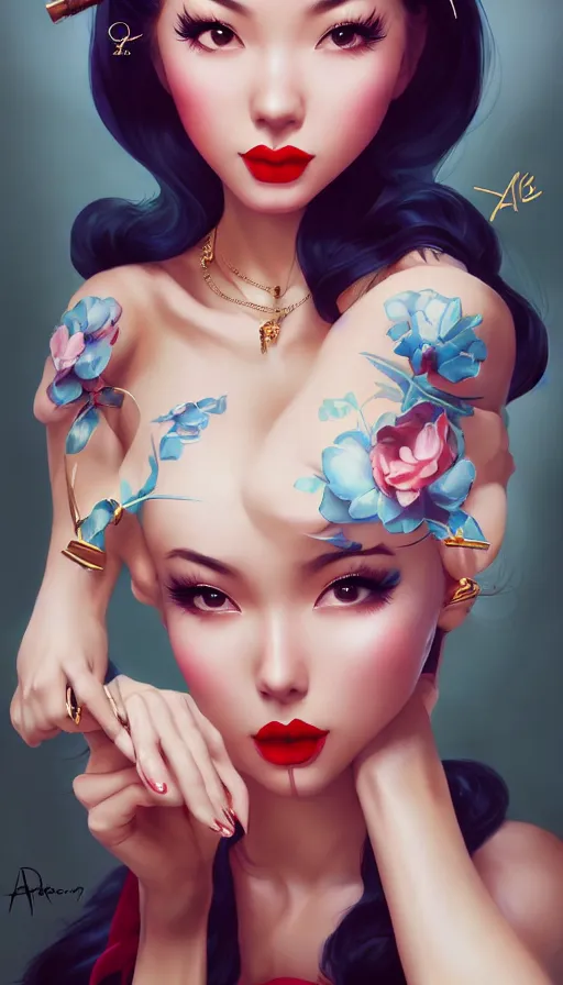 Image similar to a pin up and beautiful fashion and charming and dreamlke asian girl with lv jewelry, medium shot, art by artgerm & ross tran & wlop, hyperdetailed, 8 k realistic, symmetrical, frostbite 3 engine, cryengine, dof, trending on artstation, digital art