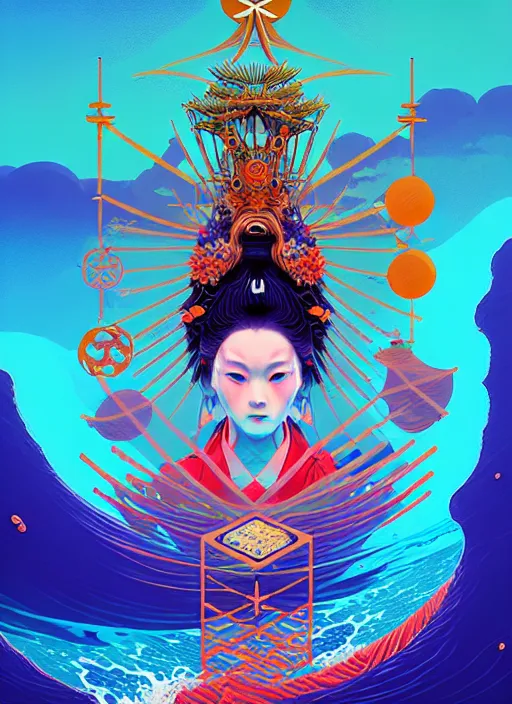 Image similar to fractal tarot card of a shinto naturepunk master of oceans and wind water and boats, beautiful detailed realistic cinematic character concept fashion portrait, hi - fructose art magazine, by anton fadeev and paul lehr and david heskin and josan gonzalez, 8 k