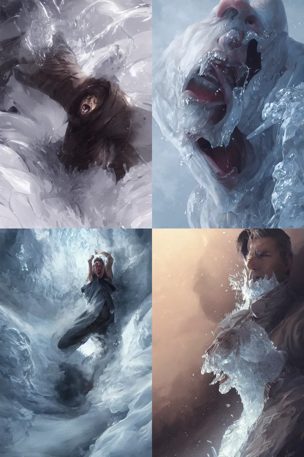 Prompt: A man dissolving in ice, screaming. intricate, elegant, highly detailed, digital painting, artstation, concept art, smooth, sharp focus, illustration, art by artgerm and greg rutkowski and alphonse muncha