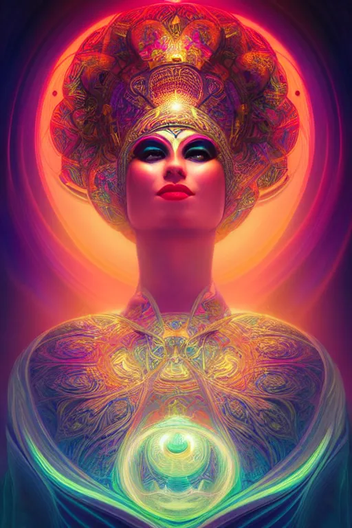 Prompt: a centered render of an alluring goddess wearing a psychedelic mask surrounded by a glorious sacred energy made from geometry and spiral mandel bulb fractals, powerful, cinematic, beautifully lit, by artgerm, by karol bak, 3 d, trending on artstation, octane render, 8 k