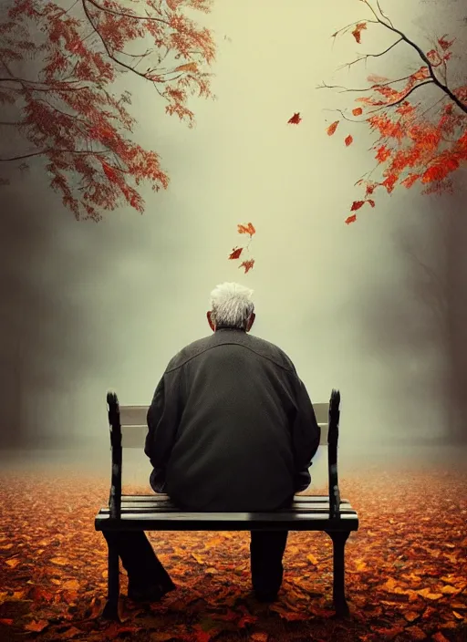 Image similar to conceptual photography portrait of an old man on a park bench fading into nothing, autumn tranquility, forgetfulness, fading to dust and leaves, oblivion, inevitability, aging, surreal portrait, moody, by tom bagshaw, hopeless, 4 k