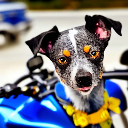 Image similar to blue heeler dog on a motorcycle, 8 k photography, blurred background of a wafflehouse