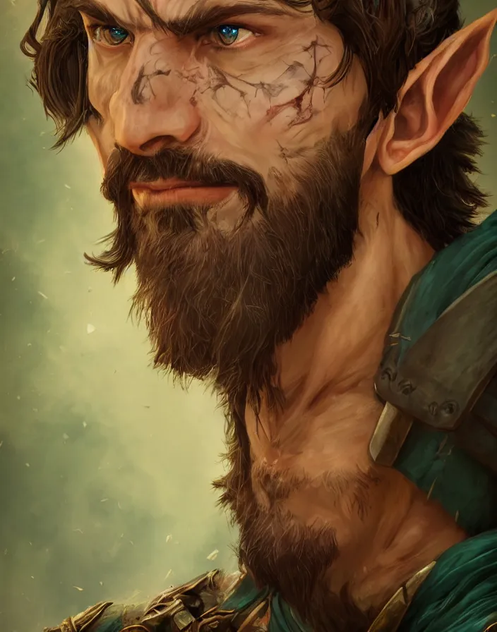 Image similar to An epic fantastic realism comic book style portrait painting of an arrogant half elf ranger with shaggy brown hair, scruffy beard, scar on face, teal tunic, 8k, 4k, D&D Concept Art, unreal 5, DAZ, hyperrealistic, octane render, cosplay, RPG portrait, dynamic lighting