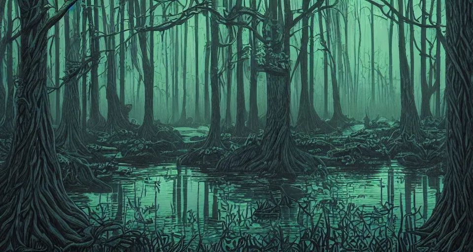 Image similar to A dense and dark enchanted forest with a swamp, by dan Mumford