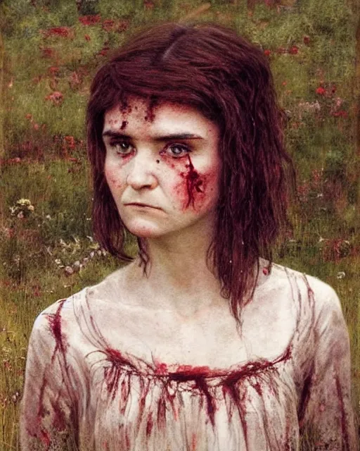 Prompt: a beautiful but sinister girl who looks like a young shirley henderson in dead space, with haunted eyes and crazy hair, eerie moorlands behind her, horrifying, 1 9 7 0 s, seventies, delicate embellishments, a little blood, crimson, painterly, offset printing technique, by jules bastien - lepage