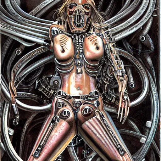 Prompt: britney spears encased in biomechanical machine, heavy conduits, complex scene, rich composition, heavy in detail, corruption, smooth, sharp focus, airbrush, illustration, art by h. r. giger