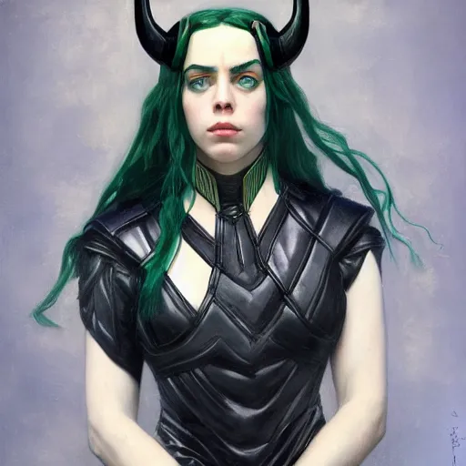 Prompt: Billie Eilish as Loki, Goddess of Mischief, oil on canvas, noir effect, artstation, by J. C. Leyendecker and Edmund Blair Leighton and Charlie Bowater,--width 1600