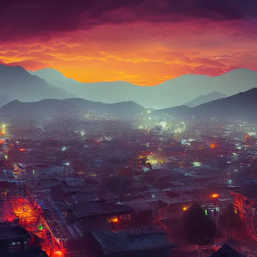 Image similar to a landscape image of kathmandu in a style of cyberpunk, highly detailed, cinematic lighting, hyperrealistic, 4 k, digital art