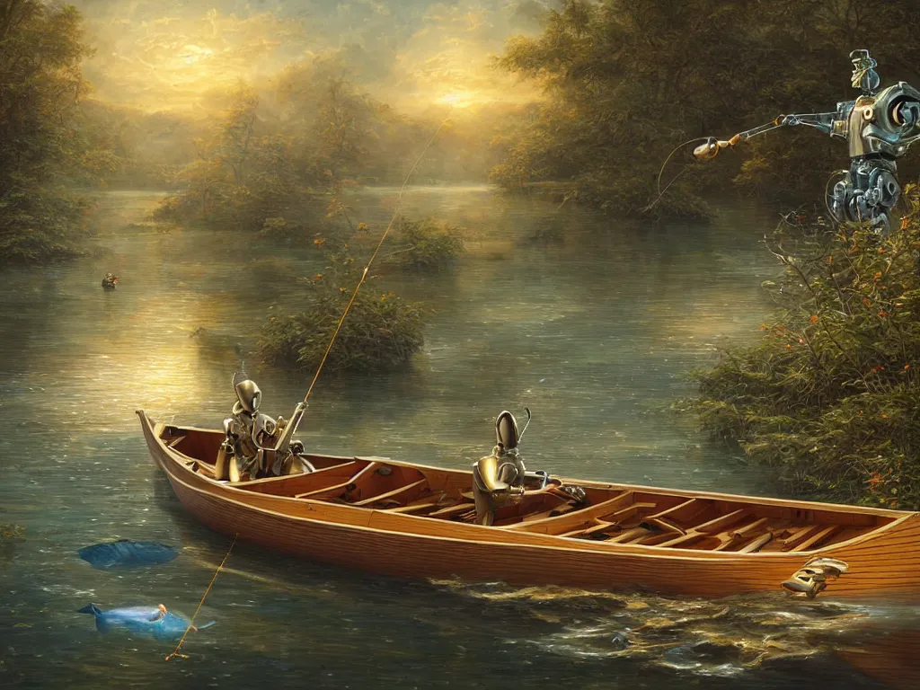 Prompt: simple retro robot, fishing in a wooden canoe, whimsical, highly detailed, michael cheval, peter mohrbacher, boris vallejo, jessica rossier, oil painting, highly detailed, cinematic lighting, tilt shift, golden hour