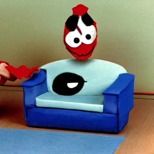 Prompt: a puppet couch with teeth and eyes who eats people, disney channel original movie 1 9 9 0 s