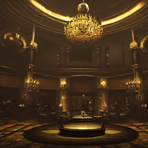 Prompt: upscale mysterious private auction, unnameable relics on display, cinematic lighting, moody lighting, extravagant details, lobby in the distance, elite dark figure