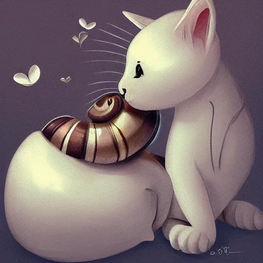 Prompt: cute cat kiss lovely snail,artstation,very detailed