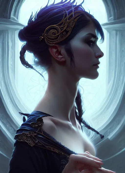 Image similar to Necromancer Sorceress, fantasy magic, undercut hairstyle, dark light night, intricate, elegant, sharp focus, illustration, highly detailed, digital painting, concept art, matte, art by WLOP and Artgerm and Greg Rutkowski and Alphonse Mucha, masterpiece