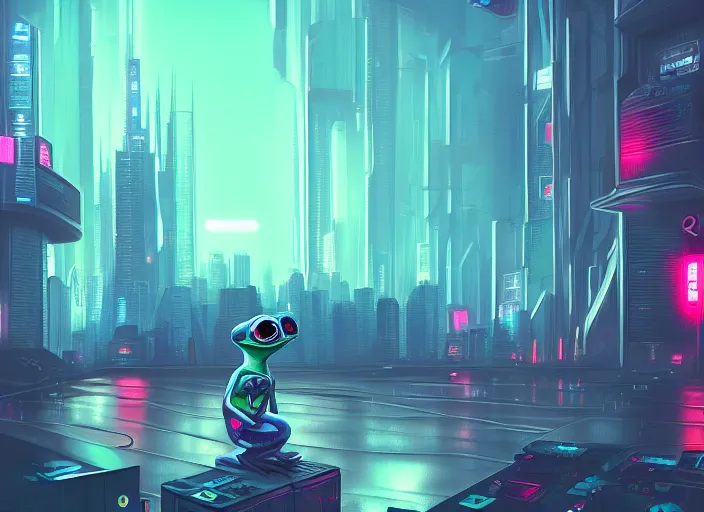 Prompt: cyberpunk pepe the frog, futuristic cityscape, computers, dylan kowalski, marat zakirov, albert ramon puig, trending on artstation, 8 k