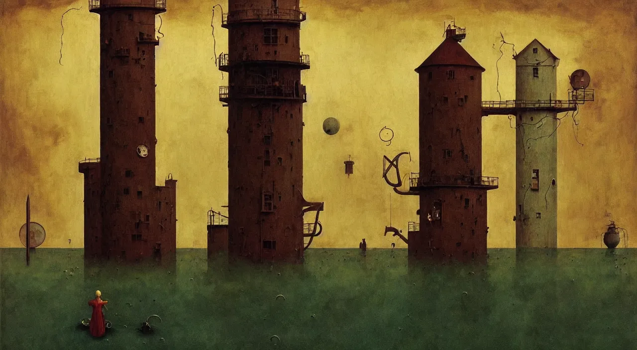 Image similar to single flooded simple!! ( lovecraftian ) water tower anatomy, very coherent and colorful high contrast masterpiece by norman rockwell franz sedlacek hieronymus bosch dean ellis simon stalenhag rene magritte gediminas pranckevicius, dark shadows, sunny day, hard lighting