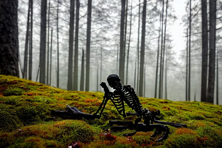 Image similar to a burning with fire human skeleton sitting behind computer, overgrown with moss, in foggy forest, at night with moon, dark atmosphere, by carus carl gustav