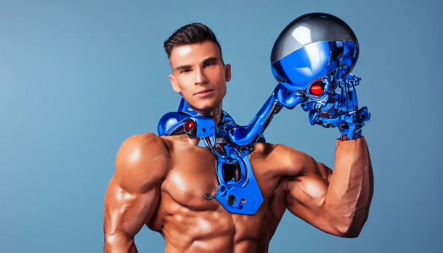 Image similar to male robot fitness model standing, blue background, bright lighting, shiny glossy metallic skin