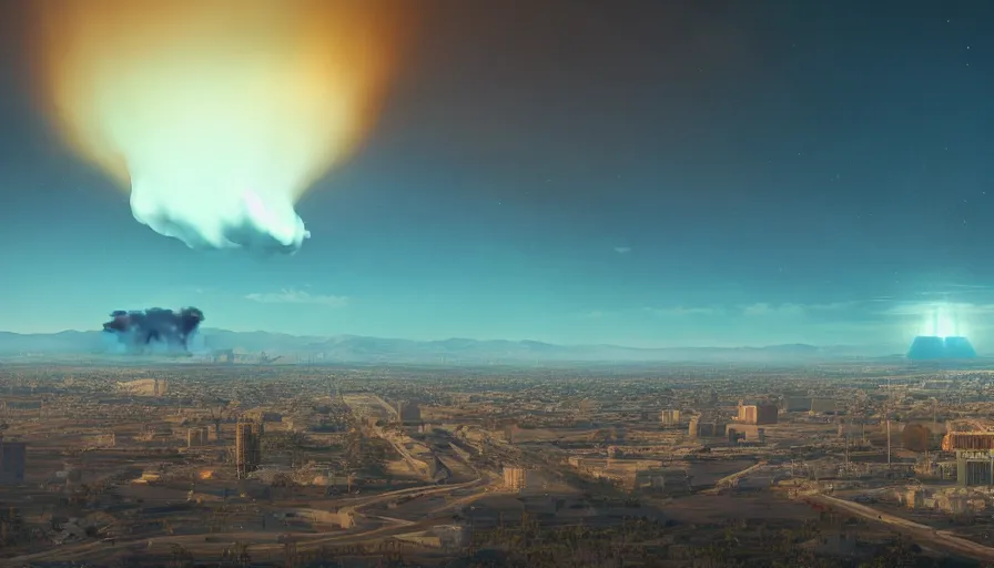 Prompt: people looking at nuclear explosion on las vegas in the distance, fallout, nucleat cloud, night, hyperdetailed, artstation, cgsociety, 8 k