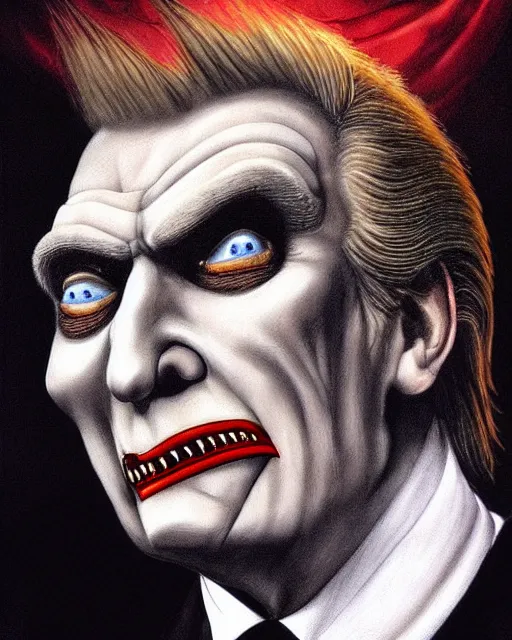 Prompt: dracula donald trump, character portrait, close up, concept art, intricate details, highly detailed, hyperrealism in the style of otto dix and h. r giger