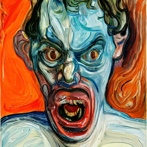 Image similar to high quality high detail expressionist painting of a man in agony by lucian freud and jenny saville edvard munch and francis bacon, hd, anxiety, seated at table, turquoise and orange