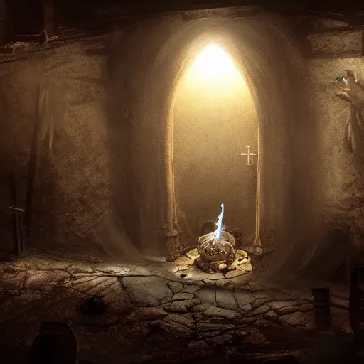 Image similar to holy egg on a pedistal in a dark dungeon. epic lighting, concept art, 8 k, paid artwork, intricate