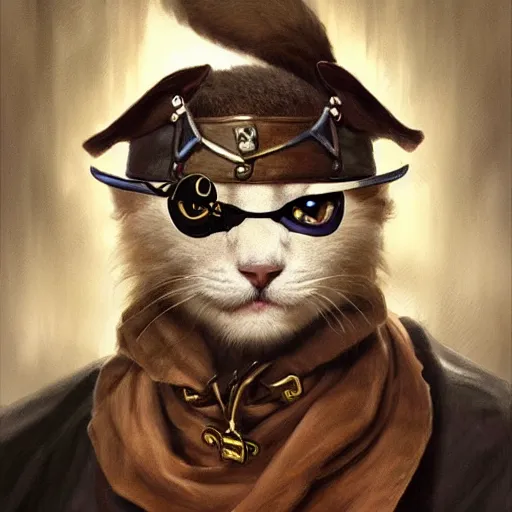 Image similar to portrait, male humanoid cat, eye patch on one eye, black fur, pirate, doctor, pirate clothes, d & d, fantasy, intricate, elegant, highly detailed, digital painting, artstation, concept art, matte, sharp focus, illustration, art by artgerm and greg rutkowski and alphonse mucha