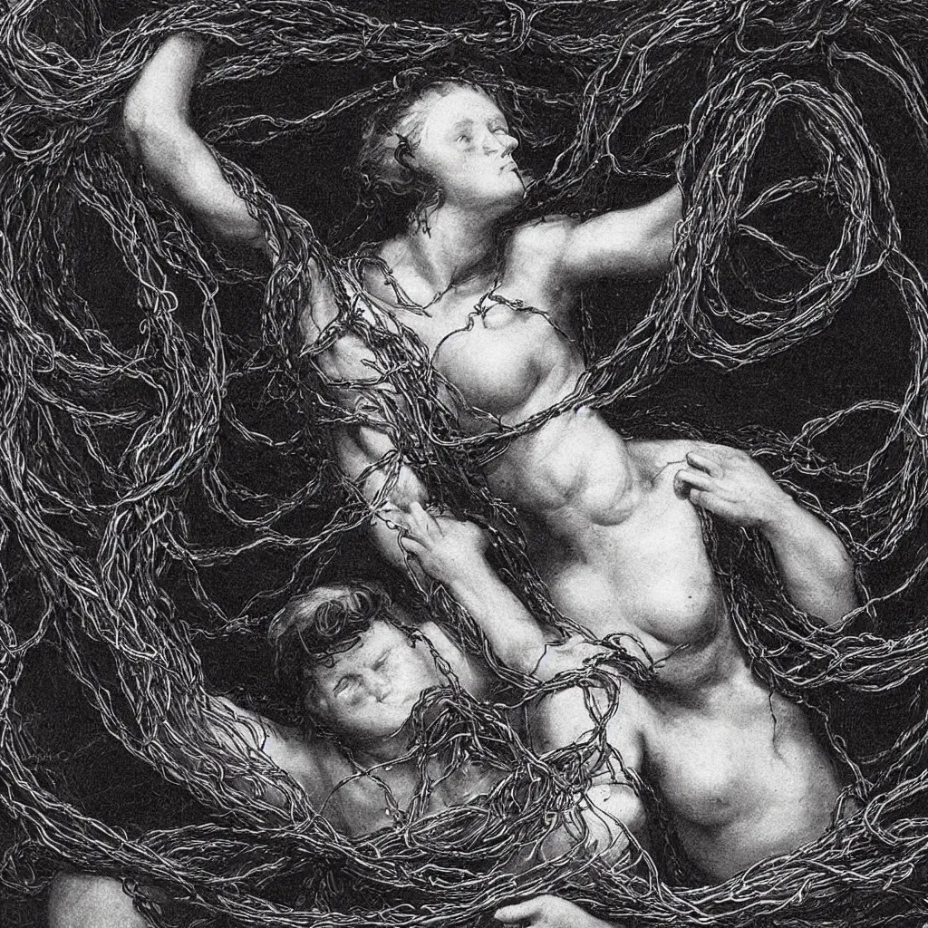 Image similar to a woman entangled in the thick black cables in the style of the laocoon of the vatican