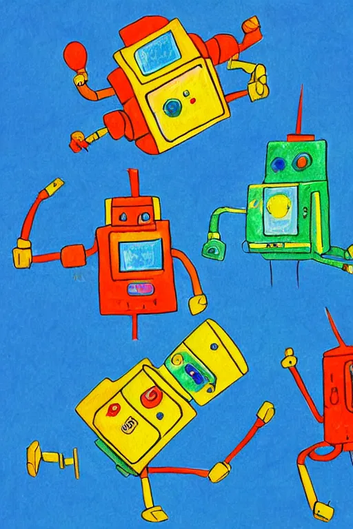 Image similar to children's book illustration of robots doing activities by margret rey